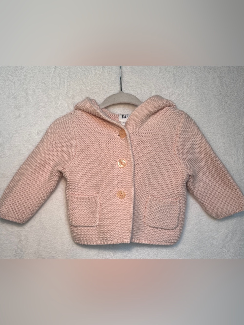 🩷 Baby Gap Pink Bear Ear Hooded Knit Cardigan – 3–6M